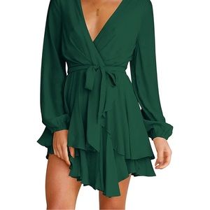 Cosonsen Women's Dress Deep V-Neck Long Sleeve Waist Tie Ruffle SIZE: Medium